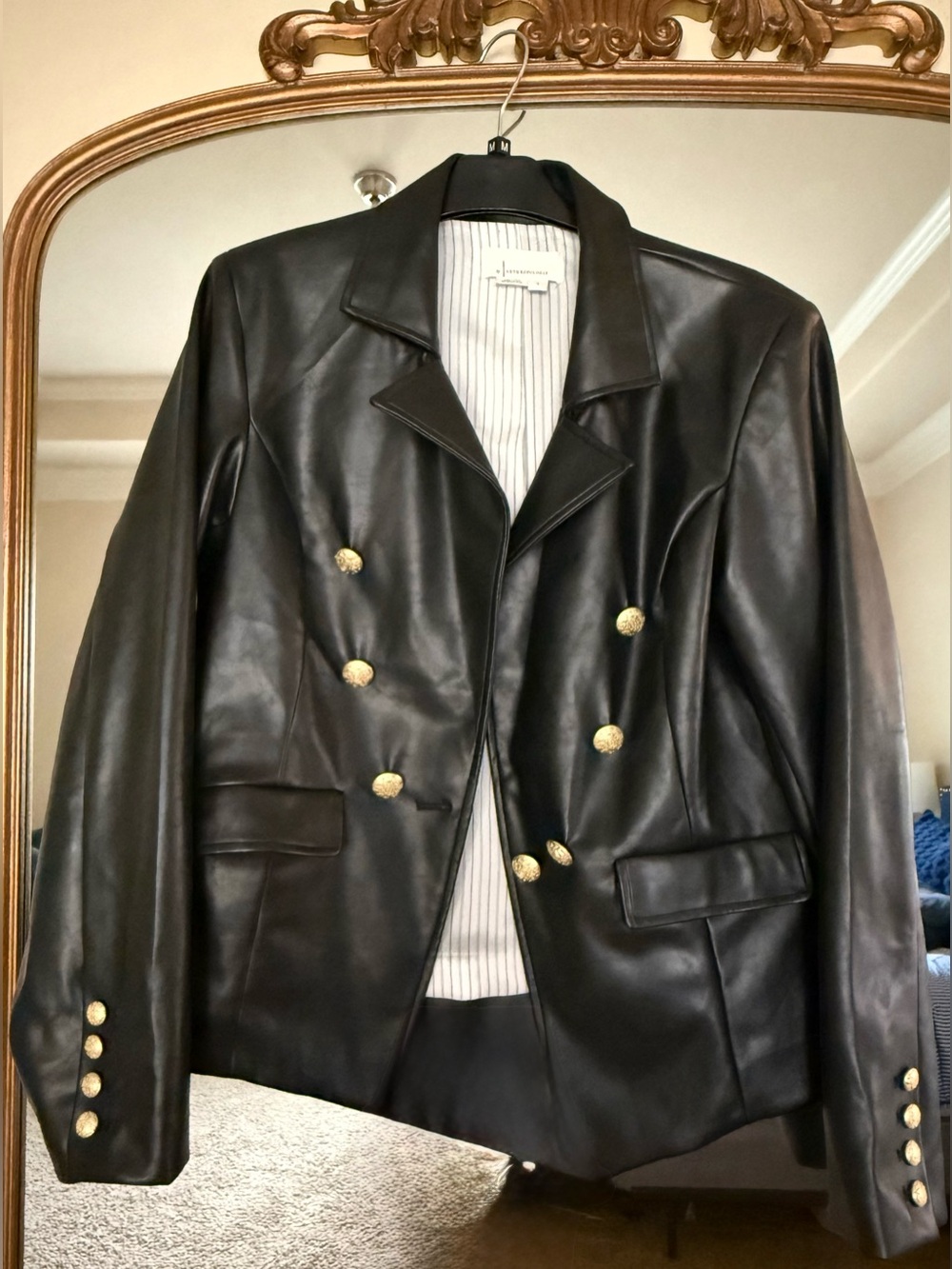 Anthropologie Black Faux Leather Double-Breasted Jacket with Gold Buttons